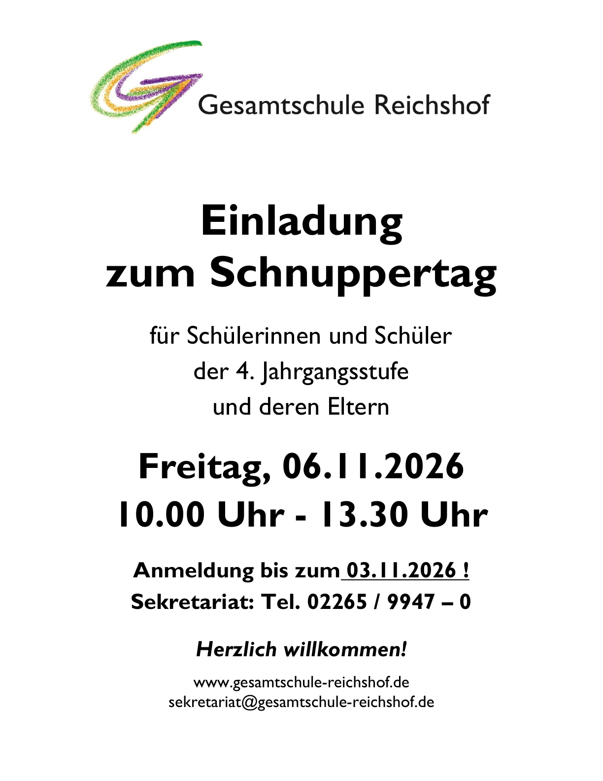 Einladung zum Schnuppertag der Gesamtschule Reichshof für Kinder der 4. Jahrgangsstufe und ihre Eltern: Freitag, 6. November 2026, 10:00 bis 13:30 Uhr. Anmeldung bis 3. November 2026 im Sekretariat unter 02265 / 9947-0.