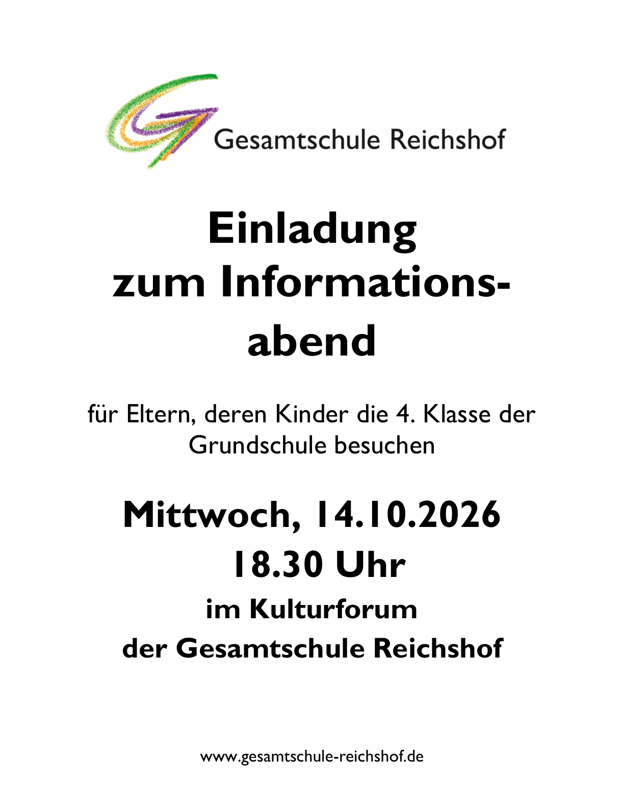 Einladung zum Informationsabend für Eltern von Kindern der 4. Klassen: Mittwoch, 14. Oktober 2026, 18:30 Uhr, Kulturforum der Gesamtschule Reichshof.